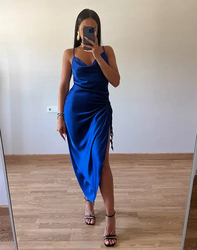 Robe Froncée Satin Blue