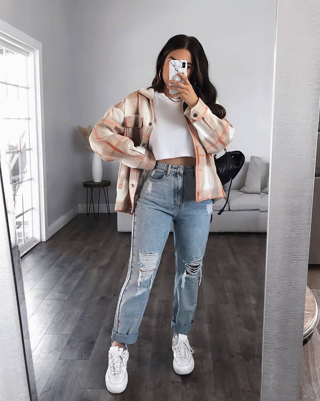 Jean Beige Jean A Carreaux Veste Style Chemise Femme Chemise A